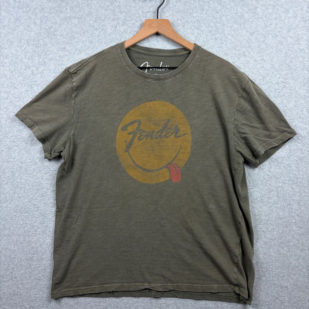 Lucky Brand Fender T Shirt Mens Large Olive Green Slub Cotton Graphic Tee